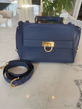 Salvatore Ferragamo Sofia Iris Blue Leather Gancini Satchel Bag